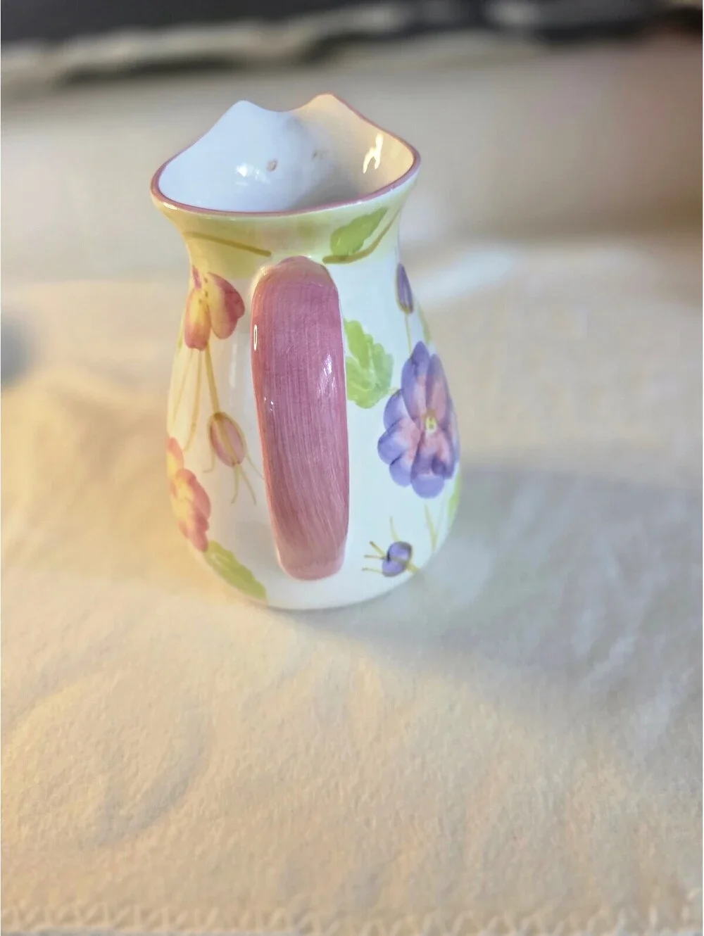 Hand Painted Floral Ceramic Pitcher Vase Pink Purple Green Flowers 7 Inch